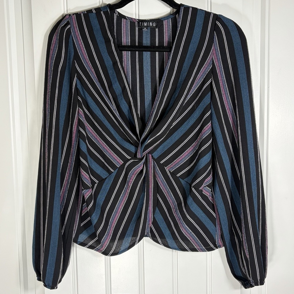 Timing Women's Medium Twist‎ Front Deep V Long Sleeve Striped Blouse Top